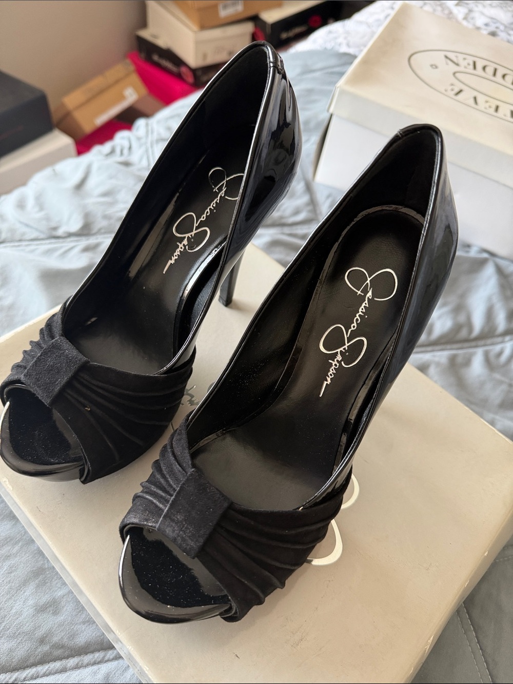 Jessica Simpson Black Patent Peep-Toe Heels with Bow Detail